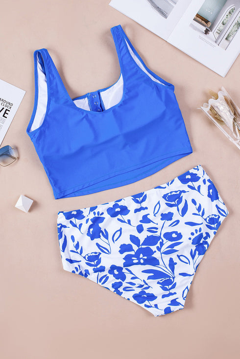 Square Neck Sleeveless Print Tankini Set